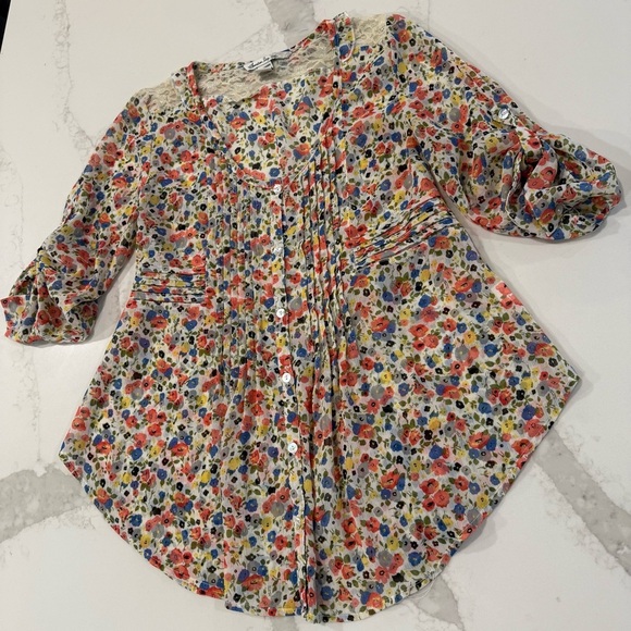 American Rag Cie Cottagecore Floral Tie Back Sheer Peasant Top Womens Small Lace - Picture 2 of 7